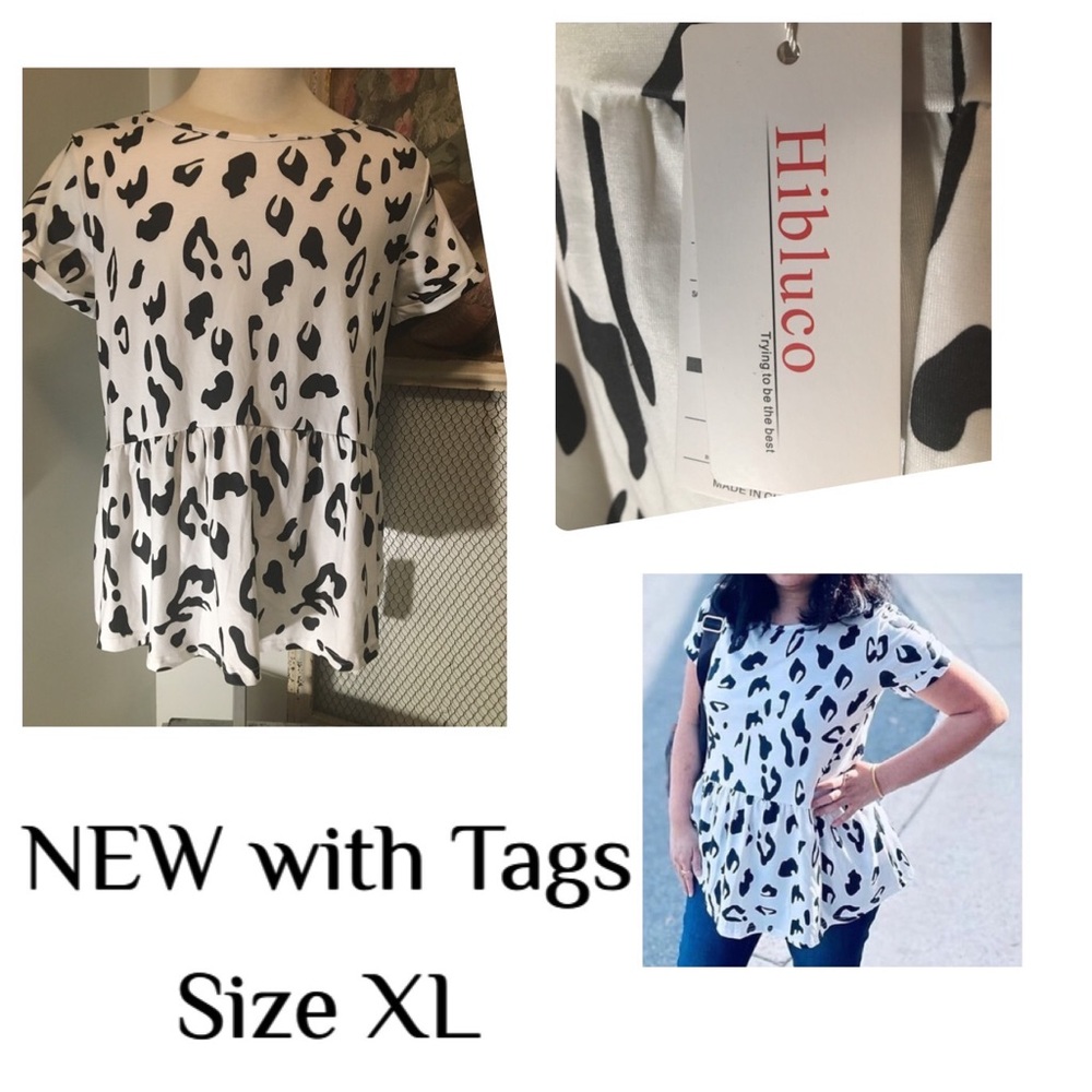 Hibluco Black and White Leopard Print Top - Size XL
